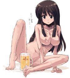 Rule 34 | 1girl, alcohol, beer, completely nude, leaning to the side, navel, nipples, nude, oekaki, onija tarou, simple background, sitting, sketch, solo, translated, white background