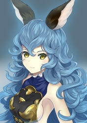 Rule 34 | 1girl, absurdres, animal ears, bad id, bad pixiv id, bare shoulders, blue hair, breasts, closed mouth, commentary request, eyelashes, ferry (granblue fantasy), granblue fantasy, hair between eyes, hajika, highres, long hair, looking at viewer, sideboob, solo, upper body, wavy hair, yellow eyes