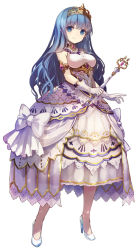Rule 34 | 1girl, artist request, blue eyes, blue hair, character request, cinderella (grimm), copyright request, dress, full body, gloves, grimms notes, high heels, holding, hosato mikine, long hair, matching hair/eyes, pumps, simple background, sleeveless, smile, solo, standing, tiara, wand, white background, white gloves