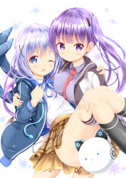 Rule 34 | &gt;:), 2girls, ;o, black socks, blue eyes, blue hair, blue jacket, blue ribbon, blush, breasts, brown jacket, brown skirt, carrying, clockwork rabbit, closed mouth, collared shirt, commentary request, drawstring, dress shirt, gochuumon wa usagi desu ka?, gradient hair, hair ornament, hairclip, hand on another&#039;s shoulder, highres, hood, hood down, hooded jacket, jacket, kafuu chino, kneehighs, large breasts, long sleeves, multicolored hair, multiple girls, neck ribbon, necktie, one eye closed, open clothes, open jacket, open mouth, plaid, plaid skirt, pleated skirt, princess carry, purple eyes, purple hair, purple shirt, red neckwear, ribbon, robot, shirt, skindentation, skirt, sleeves past wrists, smile, socks, tedeza rize, twintails, v-shaped eyebrows, white shirt, x hair ornament, xenon (for achieve)