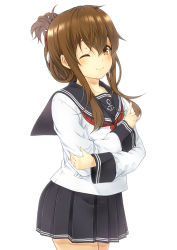 Rule 34 | 1girl, anchor symbol, black sailor collar, black skirt, blush, brown eyes, brown hair, closed eyes, folded ponytail, hair between eyes, hair ornament, hairclip, inazuma (kancolle), kantai collection, kouji (campus life), long hair, long sleeves, looking at viewer, neckerchief, one eye closed, pleated skirt, red neckerchief, sailor collar, school uniform, serafuku, shirt, simple background, skirt, smile, solo, white background, white shirt