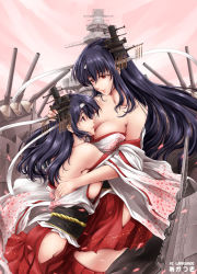 Rule 34 | 10s, 2girls, akatsuki akane, bare shoulders, black hair, breasts, cannon, cleavage, detached sleeves, fusou (kancolle), hair ornament, japanese clothes, kantai collection, large breasts, long hair, multiple girls, nontraditional miko, open mouth, red eyes, short hair, siblings, sisters, smile, yamashiro (kancolle)