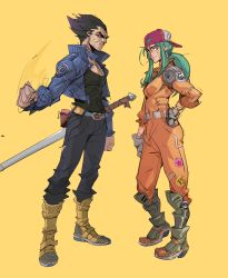 Rule 34 | 1boy, 1girl, aqua eyes, aqua hair, arm at side, backwards hat, bandaid, bandaid on cheek, bandaid on face, baseball cap, belt, black eyes, black hair, black pants, black shirt, boots, breasts, bulma (future), capsule corp, clenched hands, closed mouth, contrapposto, cosplay, denim, denim jacket, dragon ball, dragonball z, expressionless, fanny pack, fingerless gloves, fingernails, frown, full body, gloves, green footwear, grey gloves, half-closed eyes, hand on own hip, hand up, hat, hicham habchi, high collar, highres, jacket, jumpsuit, knee boots, looking afar, looking to the side, medium breasts, open clothes, open jacket, orange background, orange jumpsuit, pants, pink headwear, ponytail, shirt, side-by-side, sidelocks, simple background, spiked hair, standing, sword, trunks (dragon ball), trunks (future) (dragon ball), trunks (future) (dragon ball) (cosplay), vegeta, weapon, white belt, wrinkled skin, yellow belt, yellow footwear