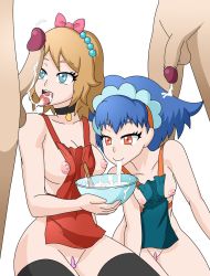Rule 34 | 2boys, 2girls, apron, ash ketchum, bad id, bad pixiv id, black thighhighs, breasts, creatures (company), cum, cum in mouth, cum on hair, cum on tongue, cumdrip, derivative work, game freak, highres, miette (pokemon), multiple boys, multiple girls, naked apron, nintendo, no bra, no panties, orry9235, penis, pokemon, pokemon (anime), pokemon xy (anime), pussy, satosatori, serena (pokemon), short hair, thighhighs, uncensored, white background
