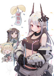 Rule 34 | 3girls, :d, absurdres, animal ears, arknights, ascot, bare shoulders, black ascot, black collar, black gloves, blonde hair, blue hairband, blush, braid, breasts, brown eyes, brown hair, cat ears, cleavage, closed eyes, closed mouth, collar, commentary, confetti, cowboy shot, cropped torso, demon horns, dress, ear piercing, earphones, elite ii (arknights), flower, folinic (arknights), fox ears, frills, gloves, grey hair, hair flower, hair ornament, hairband, happy birthday, highres, horns, infection monitor (arknights), jacket, large breasts, long hair, long sleeves, material growth, mudrock (arknights), mudrock (elite ii) (arknights), multicolored hair, multiple girls, open clothes, open mouth, oripathy lesion (arknights), own hands together, party popper, piercing, pointy ears, purple eyes, red eyes, short hair, sidelocks, signature, simple background, smile, sports bra, streaked hair, suzuran (arknights), tokorinowa, upper body, white background, white dress, white flower, white hair, white jacket, yellow eyes