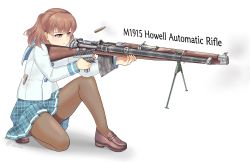 Rule 34 | 1girl, aiming, aqua sailor collar, aqua skirt, blouse, brown eyes, brown footwear, brown hair, closed eyes, commentary, grey pantyhose, gun, half-closed eyes, half updo, highres, holding, holding gun, holding weapon, howell automatic rifle, light frown, loafers, medium hair, miniskirt, one eye closed, on one knee, original, pantyhose, pleated skirt, rifle, sailor collar, school uniform, seiryouinryousui, serafuku, shell casing, shirt, shoes, simple background, single horizontal stripe, skirt, solo, thighband pantyhose, twitter username, weapon, white background, white shirt