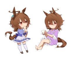 Rule 34 | 1girl, agnes tachyon (umamusume), ahoge, animal ears, barefoot, blue shirt, brown footwear, brown hair, cup, frilled shorts, frilled skirt, frilled sleeves, frills, hair between eyes, hand up, holding, holding cup, holding saucer, horse ears, horse girl, horse tail, multiple views, pleated skirt, puffy short sleeves, puffy sleeves, purple shirt, purple shorts, red eyes, saucer, school uniform, shirt, shoes, short shorts, short sleeves, shorts, simple background, sitting, skirt, tail, teacup, thighhighs, tracen school uniform, umamusume, white background, white skirt, white thighhighs, yanyo (ogino atsuki)