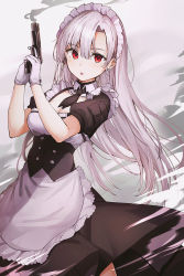 Rule 34 | 1girl, apron, ascot, bad id, bad pixiv id, black ascot, borrowed character, breasts, cleavage, commentary request, dress, gun, hair between eyes, hair ornament, holding, holding gun, holding weapon, large breasts, long hair, looking at viewer, maid, maid headdress, original, rangu, red eyes, short sleeves, smoke, solo, standing, very long hair, weapon