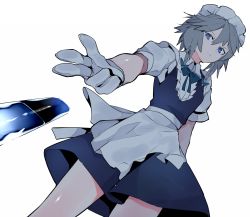 Rule 34 | 1girl, apron, blue eyes, bow, bowtie, braid, closed mouth, collared shirt, commentary request, cowboy shot, from below, gloves, hair between eyes, ikurauni, izayoi sakuya, knife, looking at viewer, maid, maid apron, maid headdress, puffy short sleeves, puffy sleeves, shirt, short hair, short sleeves, silver hair, simple background, solo, standing, touhou, twin braids, waist apron, white background