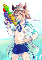 Rule 34 | 1boy, animal ears, arknights, bison (arknights), blue shorts, blush, brown eyes, brown hair, commentary request, cow ears, cow horns, holding, holding water gun, horns, jacket, looking at viewer, male focus, open mouth, sailor collar, see-through, short hair, shorts, solo, standing, visor cap, water, water gun, white jacket, yoruhachi