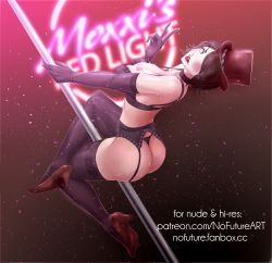 Rule 34 | 1girl, absurdres, ass, borderlands (series), breasts, cleavage, dancing, elbow gloves, gloves, hat, high heels, highres, lingerie, lipstick, mad moxxi, makeup, nofuture, pole, stripper pole, underwear