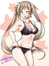 Rule 34 | 1girl, adapted costume, armpits, artist name, black bra, black panties, bra, brown eyes, cowboy shot, kantai collection, light brown hair, long hair, looking at viewer, murasame (kancolle), navel, one eye closed, open mouth, panties, panty pull, smile, solo, standing, star (symbol), starry background, tatsumi ray, twintails, twitter username, underwear, underwear only, white background