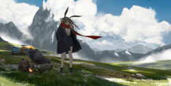 Rule 34 | 1girl, absurdres, amiya (arknights), animal ears, arknights, backpack, bag, bird, black coat, black shorts, black socks, blue eyes, blue footwear, brown hair, camping chair, car, chinese commentary, cloud, coat, day, grey skirt, hands in pockets, highres, long hair, long sleeves, looking afar, moka pot, motor vehicle, mountainous horizon, oka ball, open clothes, open coat, outdoors, portable stove, rock, scarf, shoes, shorts, skirt, sneakers, socks, solo, standing, tent, thermos, wind