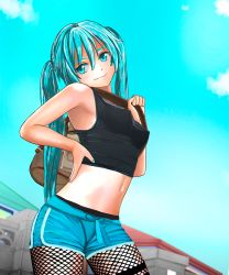 Rule 34 | 1girl, aruman, bad id, bad pixiv id, bag, bare shoulders, black pantyhose, black shirt, blue eyes, blue hair, blue shorts, blue sky, breasts, cloud, colored eyelashes, covered erect nipples, crop top, day, female focus, fishnet pantyhose, fishnets, hand on own hip, hand up, hatsune miku, highres, long hair, looking to the side, matching hair/eyes, medium breasts, midriff, nail polish, navel, outdoors, pantyhose, shirt, short shorts, shorts, sky, sleeveless, sleeveless shirt, smile, solo, standing, twintails, vocaloid