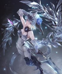 Rule 34 | 1girl, armored boots, blue hair, bodysuit, boots, breasts, closed mouth, detached collar, dragon horns, dragon tail, flower, hair flower, hair ornament, headpiece, holding, holding weapon, horns, medium breasts, official art, pointy ears, ponzu (catponz), purple eyes, shadowverse, short hair, solo, standing, tail, weapon, whitefrost dragonewt filene