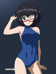 Rule 34 | 1girl, black hair, blue eyes, blue one-piece swimsuit, blush, breasts, cameltoe, closed mouth, collarbone, covered navel, girls und panzer, glasses, highres, large breasts, looking at viewer, naotosi, one-piece swimsuit, one eye closed, oryou (girls und panzer), short hair, smile, solo, swimsuit, tongue, tongue out, wink