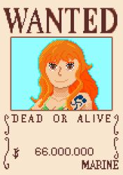 Rule 34 | bikini, bikini top only, brown eyes, english text, highres, long hair, long nose, looking at viewer, nami (one piece), nyordacks d. lamprey, one piece, orange hair, pixel art, shoulder tattoo, simple background, smile, solo, swimsuit, tattoo, very long hair, wanted