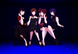 Rule 34 | 4girls, amagi yukiko, atlus, bare shoulders, black eyes, black hair, blue eyes, blue hair, breasts, brown eyes, brown hair, dress, earrings, formal, hand in own hair, hand on another&#039;s face, hands on own face, highres, jewelry, kknoe, kujikawa rise, long hair, looking at viewer, medium breasts, multiple girls, necklace, persona, persona 4, red eyes, red hair, satonaka chie, shawl, shirogane naoto, short hair, sitting, small breasts, smile, surprised, twintails