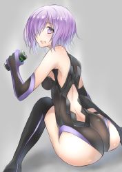 Rule 34 | 1girl, ass, bare shoulders, blush, boots, breasts, elbow gloves, fate/grand order, fate (series), from behind, gloves, hair over one eye, large breasts, leotard, looking at viewer, looking back, mash kyrielight, open mouth, purple eyes, purple hair, shiny clothes, shiny skin, short hair, sideboob, solo, sweat, thigh boots, yuki maccha (yukimattya10)