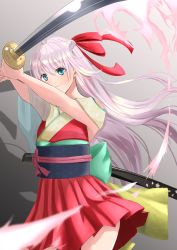 Rule 34 | 1girl, absurdres, antenna hair, bad id, bad pixiv id, blue eyes, braid, commentary request, dress, hair ribbon, highres, hilt, holding, holding sword, holding weapon, japanese clothes, katana, kimono, long hair, obi, okoto0723, original, pink hair, red dress, red ribbon, ribbon, sash, simple background, smile, solo, standing, sword, weapon