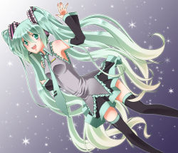 Rule 34 | 1girl, b-cat, bad id, bad pixiv id, bare shoulders, detached sleeves, green eyes, green hair, hatsune miku, headset, long hair, matching hair/eyes, necktie, open mouth, skirt, solo, thighhighs, twintails, very long hair, vocaloid