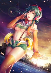 Rule 34 | 1girl, bad id, bad pixiv id, breasts, cleavage, elbow gloves, fingerless gloves, gloves, goggles, goggles on head, green eyes, green hair, gumi, headphones, hobak, gumi (v3 megpoid), navel, short hair with long locks, short shorts, shorts, sunset, thighhighs, underboob, vocaloid