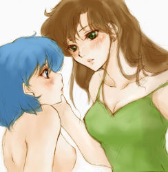 Rule 34 | 1990s (style), 2girls, back, bare arms, bare back, bare shoulders, bishoujo senshi sailor moon, blouse, blue eyes, blue hair, blush, breasts, brown hair, cleavage, clothed female nude female, collarbone, completely nude, couple, earrings, eye contact, female focus, green eyes, green shirt, green tank top, hair down, hand on another&#039;s cheek, hand on another&#039;s face, height difference, jewelry, kino makoto, lips, long hair, looking at another, medium breasts, mizuno ami, multiple girls, neck, nipples, nude, off shoulder, otsukimi (artist), parted lips, retro artstyle, shirt, short hair, sideboob, strap slip, tank top, upper body, yuri