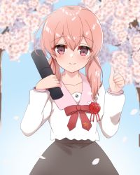 Rule 34 | .live, 000 (jicasoe), 1girl, absurdres, blurry, blurry background, blush, cherry blossoms, collarbone, commentary request, flower, highres, kitakami futaba, looking at viewer, low twintails, medium hair, petals, pink eyes, school uniform, sky, smile, thumbs up, twintails, virtual youtuber
