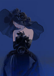 Rule 34 | 1girl, bare shoulders, black dress, black flower, black gloves, black rose, blue background, blue dress, blue theme, breasts, brown hair, closed mouth, colored eyelashes, crying, dress, elbow gloves, facing down, flower, gloves, gown, hand on own chest, hands up, hat, hat flower, highres, jewelry, large hat, lipstick, makeup, nakamori akina, real life, ring, rose, sad, sainker, simple background, small breasts, solo, strapless, strapless dress