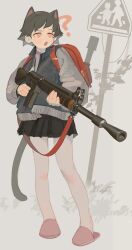 Rule 34 | 1girl, ?, absurdres, animal ears, backpack, bag, battle rifle, blue jacket, cat ears, cat girl, cat tail, explosive, fn fal, grenade, gun, highres, jacket, open mouth, original, pleated skirt, polilla, rifle, school crossing sign, skirt, solo, stick grenade, tail, weapon