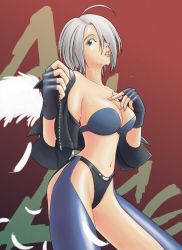 Rule 34 | 1girl, ahoge, angel (kof), blue eyes, bra, breasts, chaps, cropped jacket, fingerless gloves, gloves, greif, hair over one eye, jacket, large breasts, leather, leather jacket, midriff, navel, panties, short hair, snk, solo, strapless, strapless bra, sweat, the king of fighters, underwear, undressing, white hair