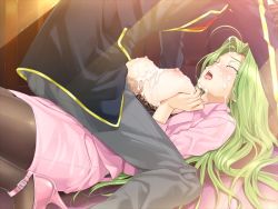 Rule 34 | 1boy, 1girl, blush, bra, breasts, censored, classy cranberry&#039;s, closed eyes, cum, cum on body, cum on breasts, cum on hair, cum on upper body, facial, formal, game cg, green hair, happoubi jin, large breasts, long hair, lying, nipples, on back, open clothes, open mouth, paizuri, pantyhose, penis, saliva, school uniform, sitting, sitting on person, skirt, straddling, straddling paizuri, suit, tongue, tongue out, underwear