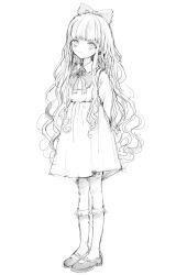 Rule 34 | 1girl, arms behind back, bow, closed mouth, collared dress, dress, full body, greyscale, hair bow, highres, kneehighs, long hair, looking at viewer, monochrome, neck ribbon, original, protected link, ribbon, shoes, simple background, socks, solo, standing, very long hair, wavy hair, white background, yuyuyuyhz