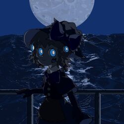 1girl black_capelet black_gloves black_shirt black_skirt blue_eyes blue_theme bow braid bright_pupils capelet clear_sky closed_mouth cookie_(touhou) elbow_gloves expressionless extra_mouth full_moon gloves hat hat_bow highres kirisame_marisa looking_at_viewer meguru_(cookie) moon ocean open_mouth outdoors railing shirt short_hair skirt sky solo touhou twin_braids waves wenchuang_canzha white_pupils