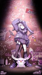 1girl animal_hood asymmetrical_legwear bandaid bandaid_on_face bandaid_on_knee bandaid_on_leg bandaid_on_nose black_jacket black_skirt chest_jewel face_jewel garter_belt geow_(koseki_bijou) graffiti grey_hair highres hololive hololive_english hood hooded_jacket jacket katana koseki_bijou koseki_bijou_(3rd_costume) noaqi77 pebble_(koseki_bijou) rabbit_hood skirt sword tongue tongue_out virtual_youtuber weapon wings