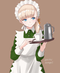 Rule 34 | 1girl, alternate costume, apron, artist name, blonde hair, blue eyes, blunt bangs, brown background, cup, dated, dress, enmaided, green dress, holding, holding tray, kantai collection, kurage1, long hair, long sleeves, maid, maid apron, maid headdress, saucer, shin&#039;you (kancolle), simple background, solo, teapot, tray, upper body