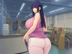 Rule 34 | 1girl, ass, bare arms, blue hair, blush, book, breasts, computer, cowboy shot, curvy, earrings, female focus, floor, from behind, holding, holding book, huge breasts, indoors, jewelry, legs, library, light, long hair, looking back, magazine (object), open mouth, original, pants, pantylines, pink sweater, sideboob, sleeveless, sleeveless sweater, sleeveless turtleneck, solo, standing, sweater, thighs, turtleneck, white pants, yellow eyes, yoko juusuke