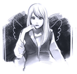 Rule 34 | 1girl, arm support, collared shirt, lips, long sleeves, looking at viewer, mature female, medium hair, monochrome, original, serious, shirt, simple background, vest, wings, yoshitomi akihito