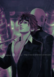 Rule 34 | 2boys, back-to-back, bald, baton (weapon), black jacket, blurry, blurry background, brilcrist, collared shirt, crisis core final fantasy vii, earrings, facial mark, final fantasy, final fantasy vii, goggles, goggles on head, hair between eyes, instagram username, jacket, jewelry, long sleeves, male focus, multiple boys, open collar, over shoulder, red hair, reno (ff7), rude (ff7), shirt, short hair, spiked hair, sunglasses, tumblr username, twitter username, upper body, weapon, weapon over shoulder, white shirt