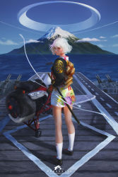 Rule 34 | 1girl, aircraft, aircraft carrier, airplane, anti-aircraft, anti-aircraft gun, artist name, black shirt, blue sky, cloud, commentary, day, floral print, holding, holding sword, holding weapon, katana, long sleeves, looking at viewer, looking back, making-of available, military, military vehicle, mountain, ocean, original, outdoors, runway, ship, shirt, short hair, skirt, sky, socks, solo, sunlight, sword, warship, water, watercraft, weapon, webang111, white background, white skirt, white socks
