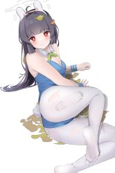 Rule 34 | 1girl, absurdres, ahoge, alternate costume, ass, black hair, blue archive, blush, bow, bowtie, breasts, chiimanju, cleavage, collarbone, female focus, halo, highres, leotard, long hair, looking at viewer, miyu (blue archive), no shoes, pantyhose, playboy bunny, red eyes, shoe print, simple background, small breasts, solo, thighs, torn clothes, torn pantyhose, white background, white pantyhose