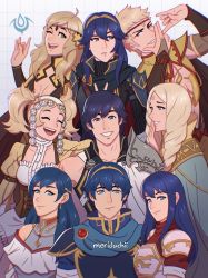 Rule 34 | 3boys, 6+girls, ahoge, armor, aunt and niece, blonde hair, blue eyes, blue hair, breasts, brother and sister, bustier, cape, chrom (fire emblem), circlet, cleavage, cleavage cutout, cloak, closed eyes, clothing cutout, cousins, elice (fire emblem), emmeryn (fire emblem), exposed muscle, family, family crest, family portrait, family tree, father and daughter, fire emblem, fire emblem: mystery of the emblem, fire emblem awakening, fire emblem fates, fire emblem heroes, grandmother and granddaughter, graph paper, group picture, hand gesture, hand over face, hands up, high collar, highres, lissa (fire emblem), long hair, long sleeves, looking at another, looking at viewer, looking to the side, lucina (fire emblem), marth (fire emblem), meridachii, mother and son, multiple boys, multiple girls, nintendo, odin (fire emblem), one eye closed, open mouth, ophelia (fire emblem), owain (fire emblem), pauldrons, shoulder armor, siblings, simple background, smile, twintails, uncle and nephew, white background