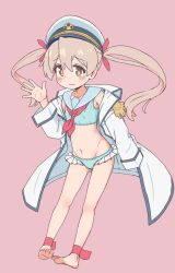 Rule 34 | 1girl, ankle cuffs, barefoot, bikini, blue bikini, blue sailor collar, blush, brown eyes, closed mouth, coat, commentary, embarrassed, epaulettes, feet, frilled bikini, frills, full body, genderswap, genderswap (mtf), grey hair, groin, hair between eyes, hair tie, hand up, hat, highres, long hair, multicolored hair, navel, neckerchief, official alternate costume, official alternate hairstyle, onii-chan wa oshimai!, open clothes, open coat, outstretched hand, oversized clothes, oyama mahiro, peaked cap, pink background, pink hair, red neckerchief, sailor bikini, sailor collar, sfm zhang, simple background, sleeves past fingers, sleeves past wrists, soles, solo, standing, streaked hair, swimsuit, symbol-only commentary, toes, twintails, very long sleeves, white coat, white hat
