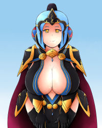 Rule 34 | 1girl, arete (fire emblem), blue hair, breasts, cape, cleavage, female focus, fire emblem, fire emblem fates, fire emblem if, looking at viewer, mature female, nintendo, no bra, no panties, revealing clothes, sephkiwiseeker, shenmei (fire emblem), short hair, smile, solo, yellow eyes