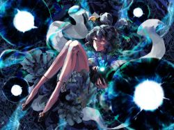 Rule 34 | 1girl, bare legs, black footwear, blue dress, blue hair, blue theme, chisel, commentary, curly hair, danmaku, dress, fetal position, flats, frilled dress, frills, full body, glowing, grin, hagoromo, hair between eyes, hair ornament, hair rings, hair stick, half-closed eyes, holding, kaku seiga, light particles, looking at viewer, ofuda, orb, puffy short sleeves, puffy sleeves, shaded face, shawl, shoe flower, short hair, short sleeves, smile, solo, spell card, sunnysideup, touhou