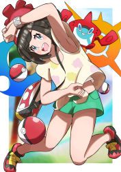 Rule 34 | 1girl, :d, absurdres, bare legs, beanie, blush, bracelet, commentary request, creatures (company), eyelashes, floral print, game freak, gen 4 pokemon, green shorts, grey eyes, hat, highres, jewelry, nintendo, open mouth, poke ball, poke ball (basic), pokemon, pokemon (creature), pokemon sm, red headwear, rotom, rotom dex, selene (pokemon), shirt, shoes, short shorts, short sleeves, shorts, smile, sneakers, t-shirt, teeth, tied shirt, tongue, tsushima (adru7777), upper teeth only, z-ring