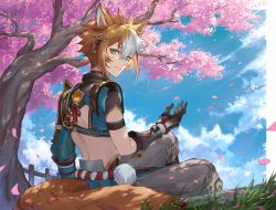 Rule 34 | 1boy, animal ears, aqua eyes, armor, asymmetrical sleeves, black collar, black gloves, blue sky, brown hair, cherry blossoms, closed mouth, cloud, collar, commentary, darkavey, day, dog boy, dog ears, dog tail, english commentary, eyeshadow, falling petals, fence, genshin impact, gloves, gorou (genshin impact), grass, grey pants, hair between eyes, hair ornament, hand up, igote, japanese armor, japanese clothes, long sleeves, looking at viewer, looking back, makeup, male focus, multicolored hair, outdoors, pants, petals, pom pom (clothes), red eyeshadow, rope, short hair, short sleeves, shoulder armor, sidelocks, sitting, sky, smile, sode, solo, streaked hair, tail, tassel, tree, vambraces, vision (genshin impact), white hair