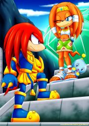 1boy 1girl alternate_costume archie_comics armlet armor arms_behind_back bare_shoulders bbmbbf blue_eyes blue_gloves bodysuit boots bracelet chao_(sonic) clenched_hand cloud commentary commission corruption dark_persona dreadlocks enerjak_(sonic) english_commentary expressionless eyelashes forehead_jewel furry gem gloves highres holding holding_mask jewelry knee_up knuckles_the_echidna leg_up looking_at_another looking_at_viewer mask master_emerald midriff navel neutral_chao one_eye_closed open_mouth outdoors palcomix possessed possession purple_eyes red_gemstone second-party_source sega skirt smile sonic_(series) sonic_adventure sonic_the_hedgehog_(archie_comics) spiked_knuckles stairs standing stepping tail tiara tikal_the_echidna toeless_footwear unworn_mask