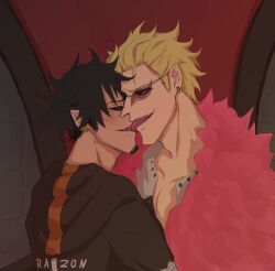 Rule 34 | 2boys, black hair, blonde hair, donquixote doflamingo, earrings, facial hair, feather coat, french kiss, goatee, height difference, highres, jewelry, jlhdraws, kiss, looking at another, male focus, multiple boys, one piece, shirt, sunglasses, tongue, tongue out, tongue suck, trafalgar law, white shirt, yaoi