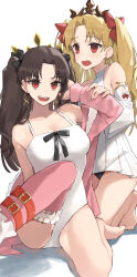 Rule 34 | 2girls, ao tsukushi, armlet, bare shoulders, black hair, blonde hair, breasts, cleavage, detached sleeves, dress, earrings, ereshkigal (fate), fate/grand order, fate (series), fur-trimmed legwear, fur trim, hair ribbon, highres, hood, hoodie, hoop earrings, ishtar (fate), ishtar (swimsuit rider) (fate), jacket, jewelry, knee up, long hair, long sleeves, looking at viewer, medium breasts, multiple girls, off shoulder, one-piece swimsuit, open mouth, parted bangs, pink hoodie, pink jacket, pink thighhighs, red eyes, ribbon, short dress, single thighhigh, sitting, smile, swimsuit, thighhighs, thighs, tiara, two side up, white dress, white swimsuit